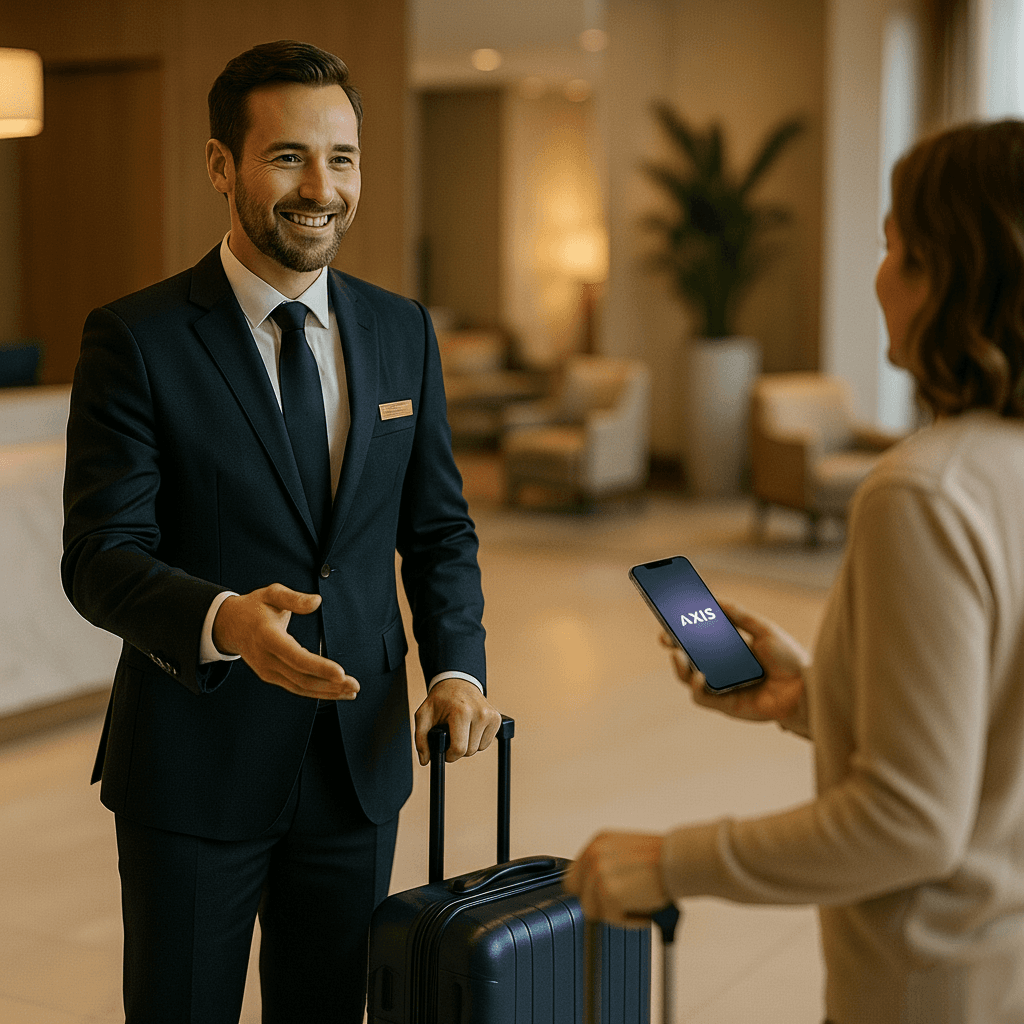 Modern hotel lobby with a seamless guest check-in experience powered by Axis