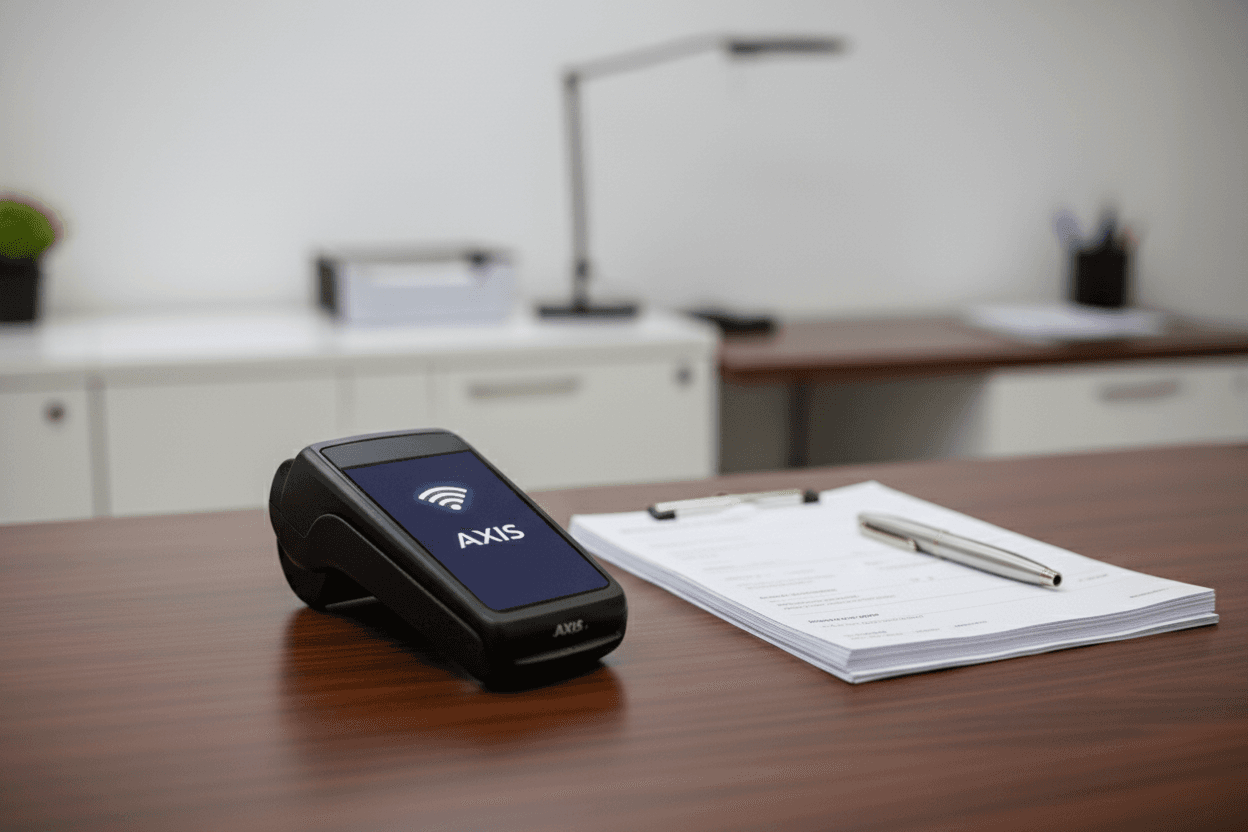 Clean clinic countertop with Axis payment terminals ready for use