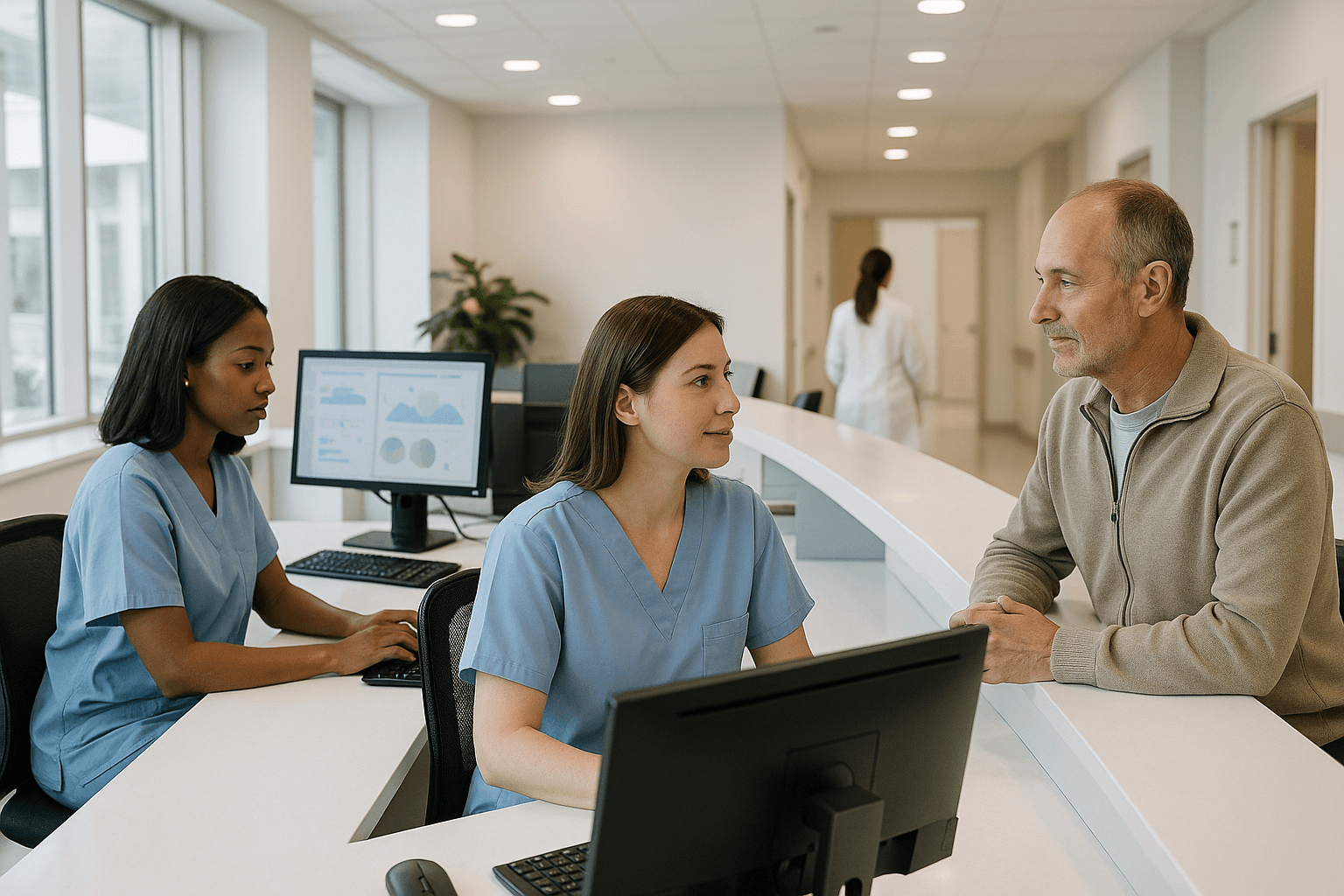 Clinic operations team reviewing patient communication dashboards