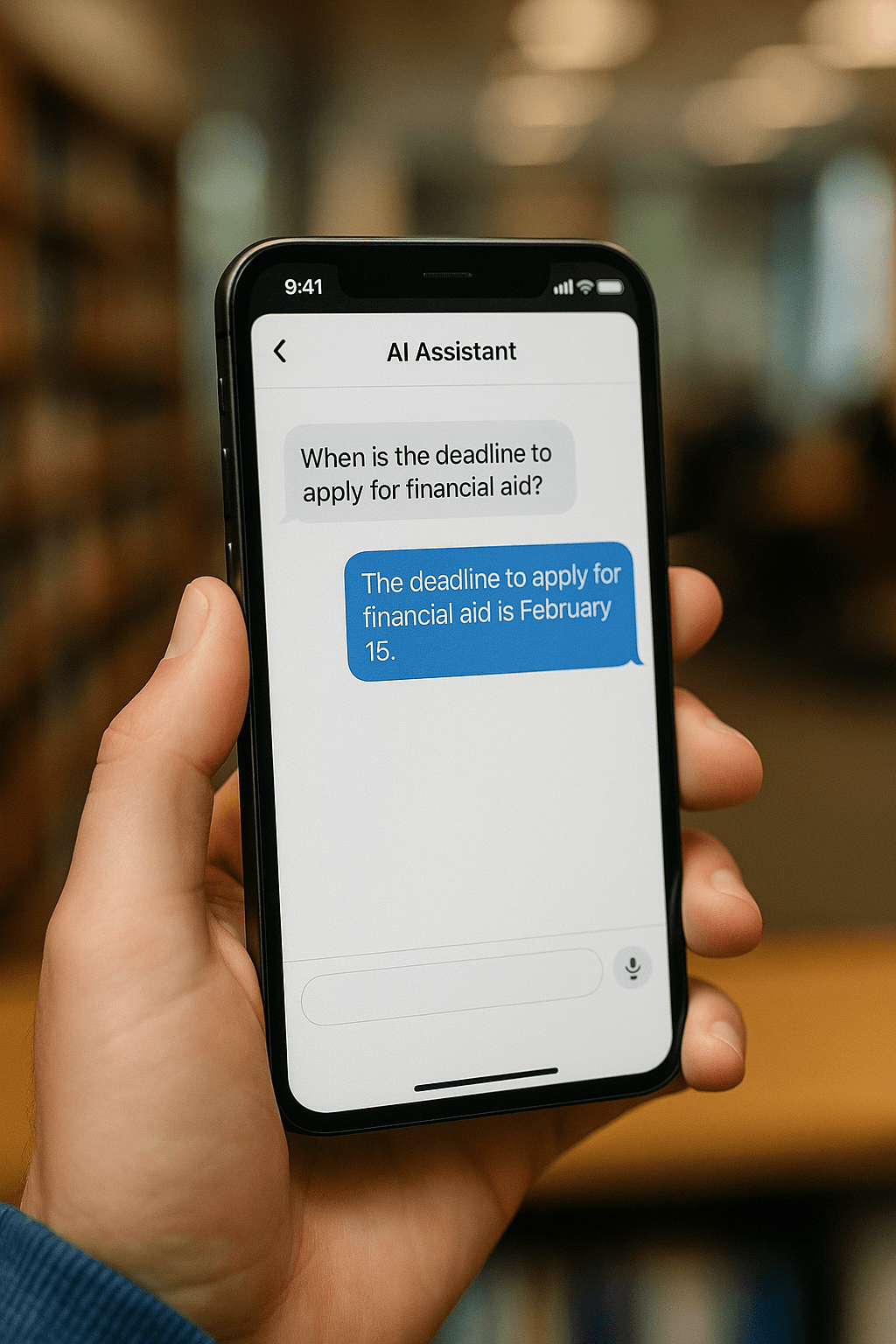 AI chatbot answering a financial aid question on a phone