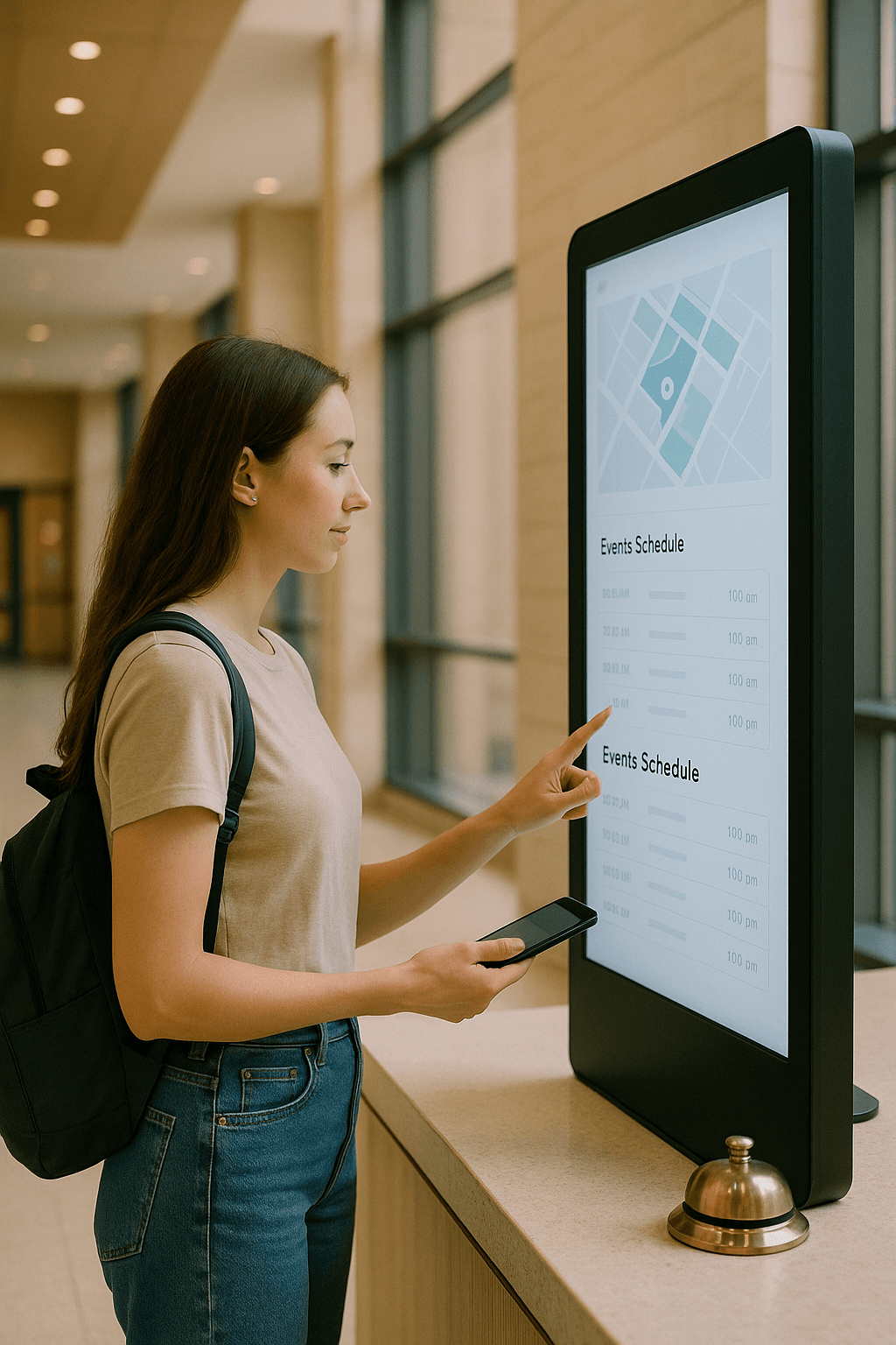 Student interacting with a campus information kiosk