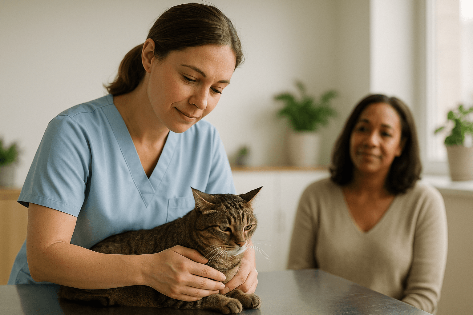 Vet examining a cat in a modern exam room