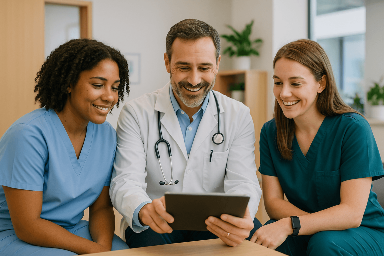 Veterinary team collaborating in their office
